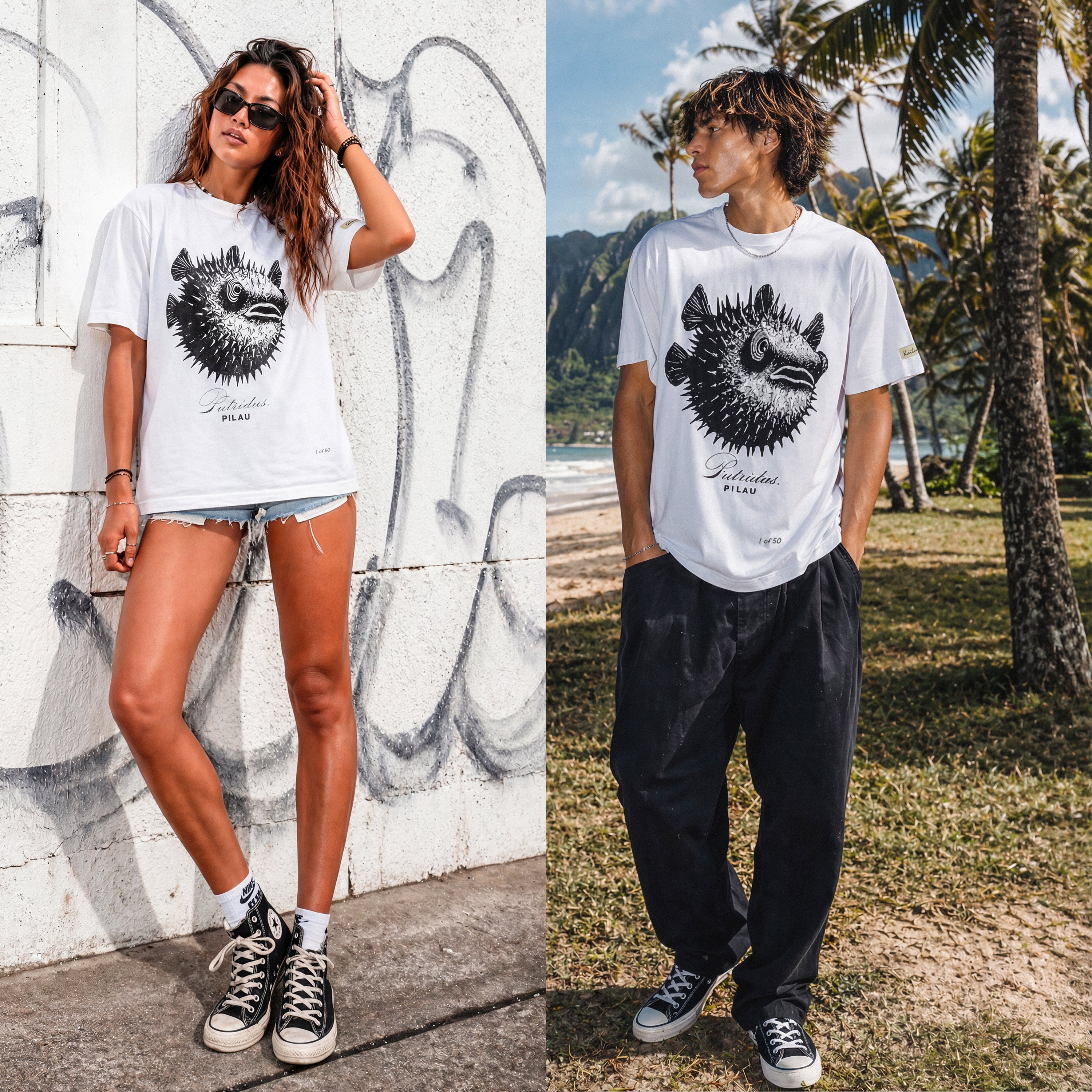 Two people wearing white t-shirts with a fish graphic design, one against a graffiti wall and the other outdoors.