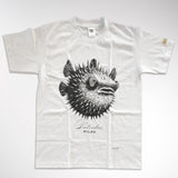 White t-shirt with a black puffer fish graphic on a white background