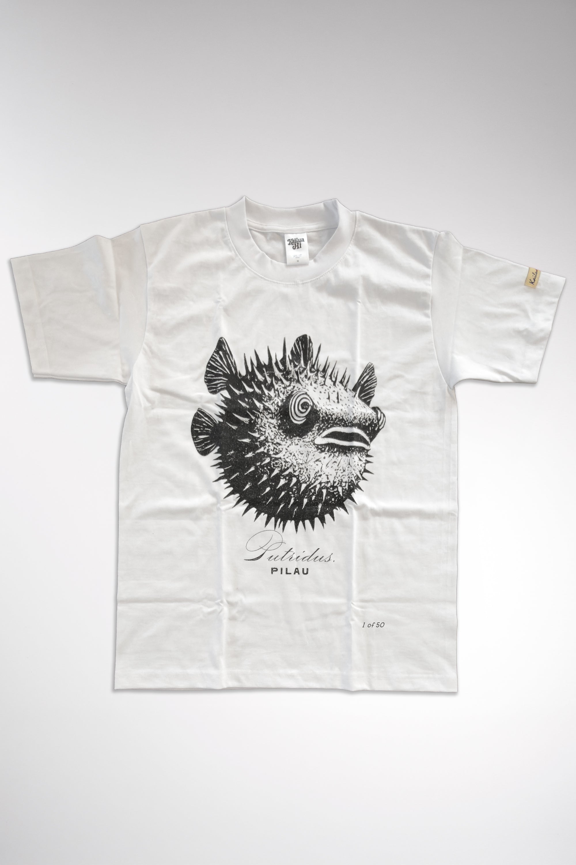 White t-shirt with a black puffer fish graphic on a white background