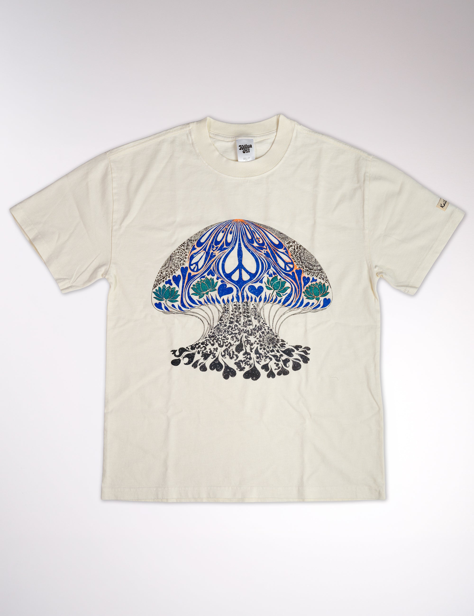 Beige t-shirt with a colorful mushroom design on a white background