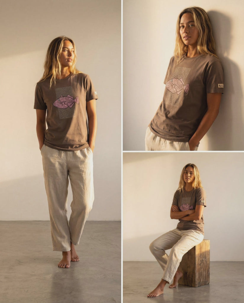 woman in various poses wearing a brown shirt with a pink fish