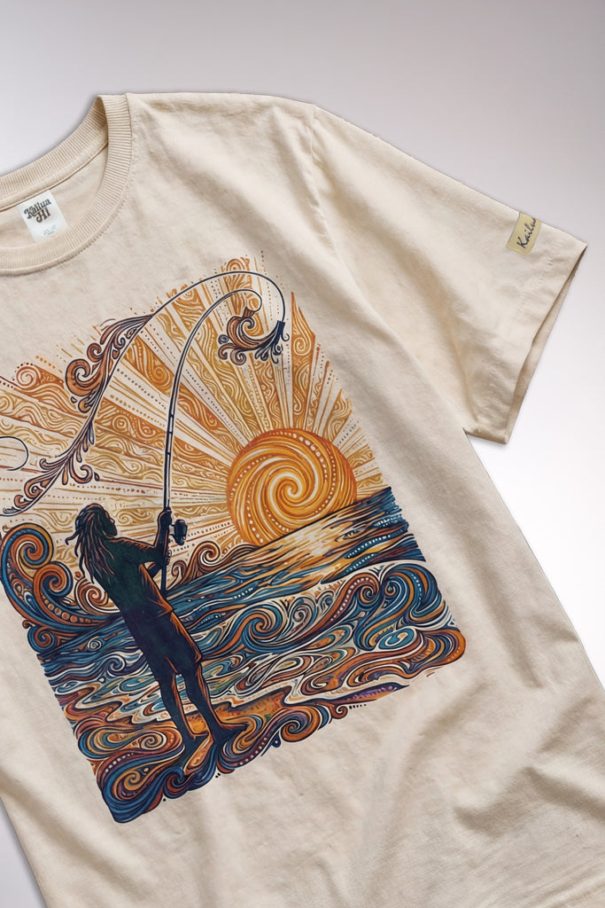 kailua hi surf tees catching rays luxe tee in pearl – product lifestyle video showcasing men's and women's beach styling. features the relaxed casual fit, premium drape, and detailed woodcut style illustration of a fisherman casting into a swirling orange sunset ocean print