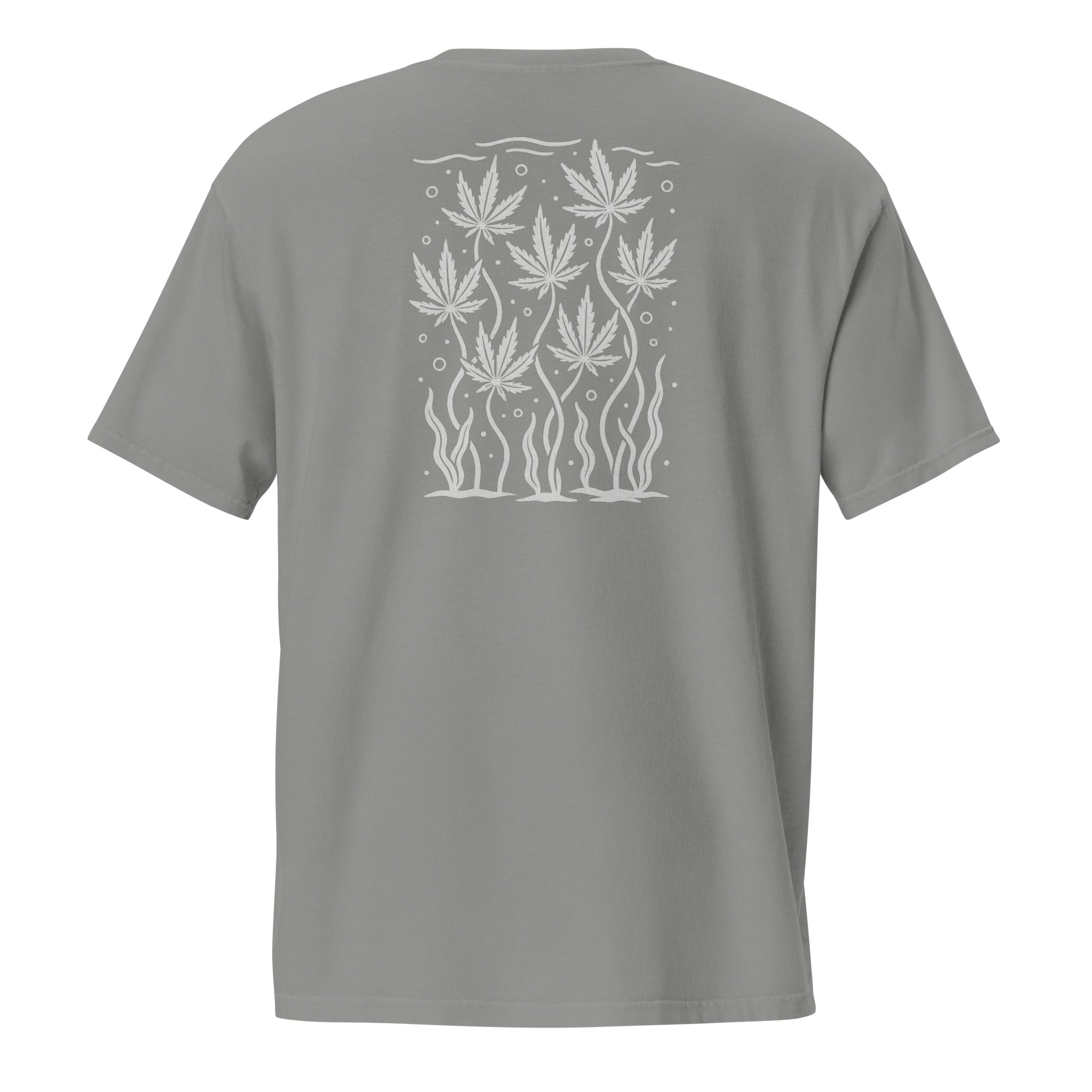 back view flat lay of grey garment-dyed pocket tee with centered off-white sea-weed leaf panel between the shoulders